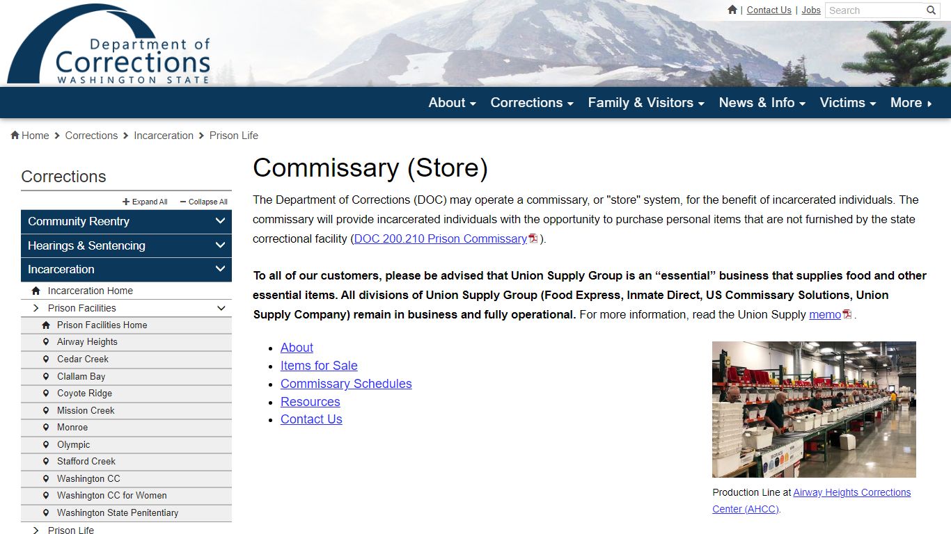 Commissary (Store) | Washington State Department of Corrections